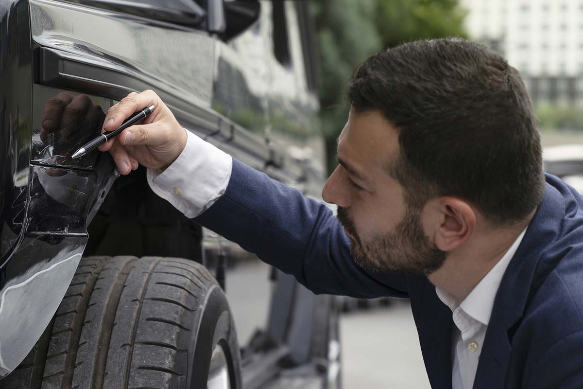 ocena szkód po pożarze w garażu rzeczoznawca dokumentujący spalone wnętrze garażu z aparatem fotograficznym